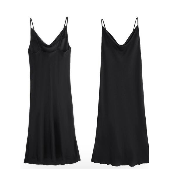 NWT Supesu Eden Black Satin Slip Dress, size large Spaghetti Straps, side Slits - Picture 1 of 10